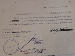 Eidesstattliche Erklärung eines Mithäftlings von Emil L. im Gestapo-Lager Neue Bremm