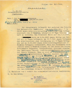 Schreiben vom 9. Mai 1944 der Gefängnisverwaltung Kislau