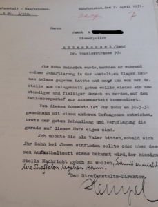 Schreiben des Direktors der Strafanstalt Saarbrücken von Heinrich M. an dessen Vater